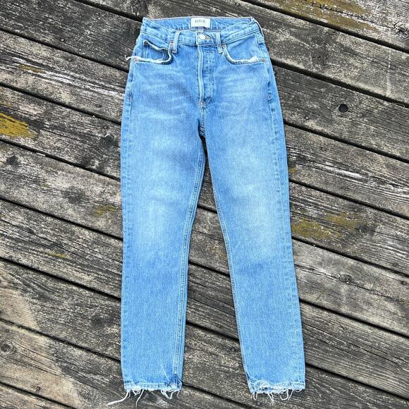 AGOLDE Riley Long Jeans Size 24 Distressed Hem Medium Wash High Rise EUC - Picture 1 of 8